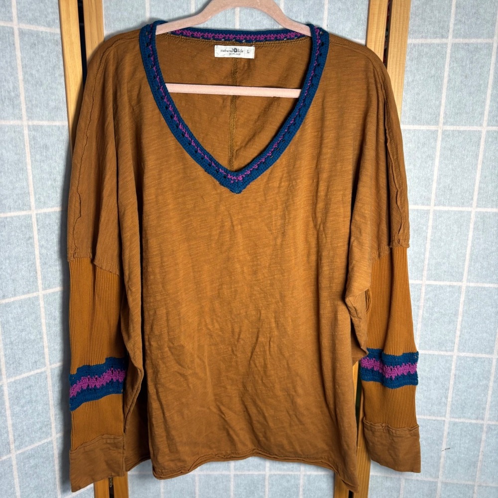 Natural Life Boho Mustard Brown Crochet Trim Oversized V-Neck‎ Tunic Top Large